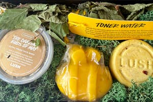 Lush gift set featuring British Honey skincare items, including a face mask and toner water, presented with a nature-inspired design