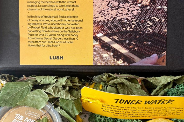 Lush gift set featuring British Honey skincare items, including a face mask and toner water, presented with a nature-inspired design