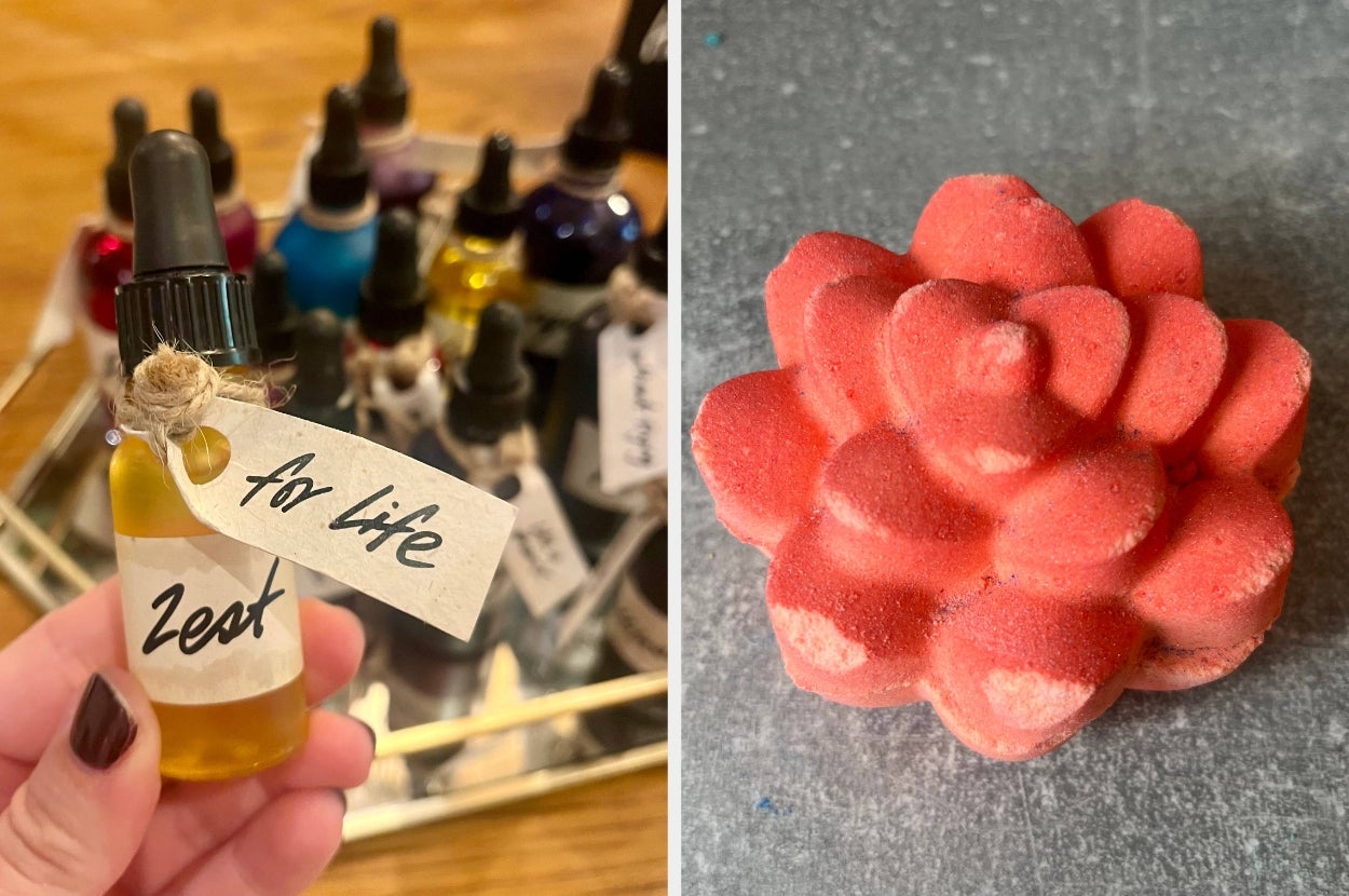 Small dropper bottle labeled "Zest" with an aromatic oil, and a flower-shaped soap displayed on a metallic surface