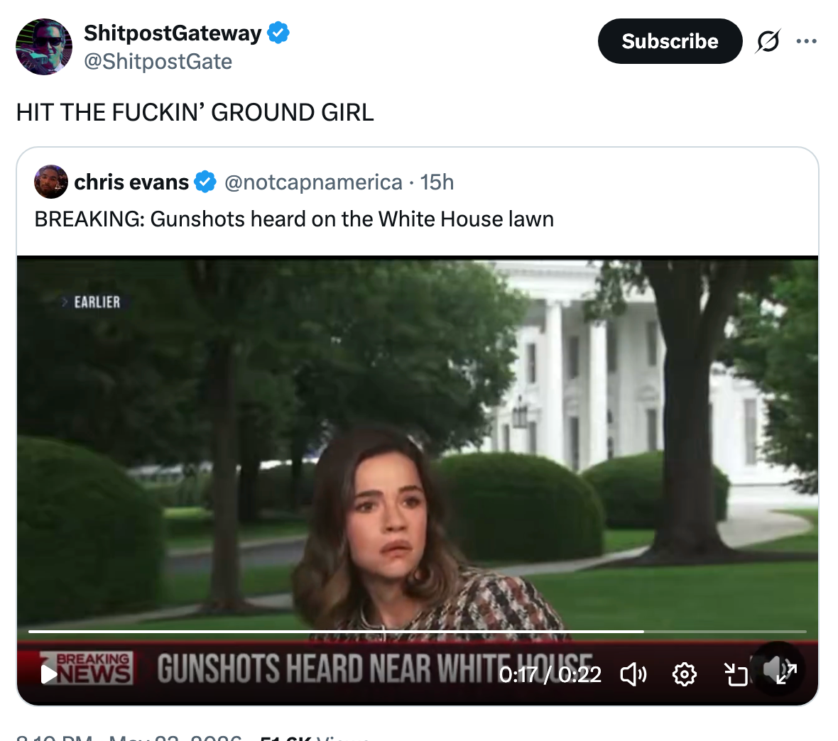 Screenshot of a tweet with a headline about gunshots at the White House and a TV image of a concerned reporter
