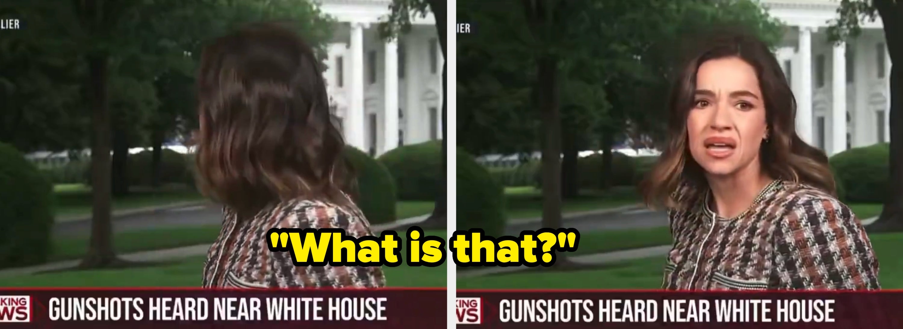 News broadcast split image showing a reporter reacting to gunshots heard near the White House