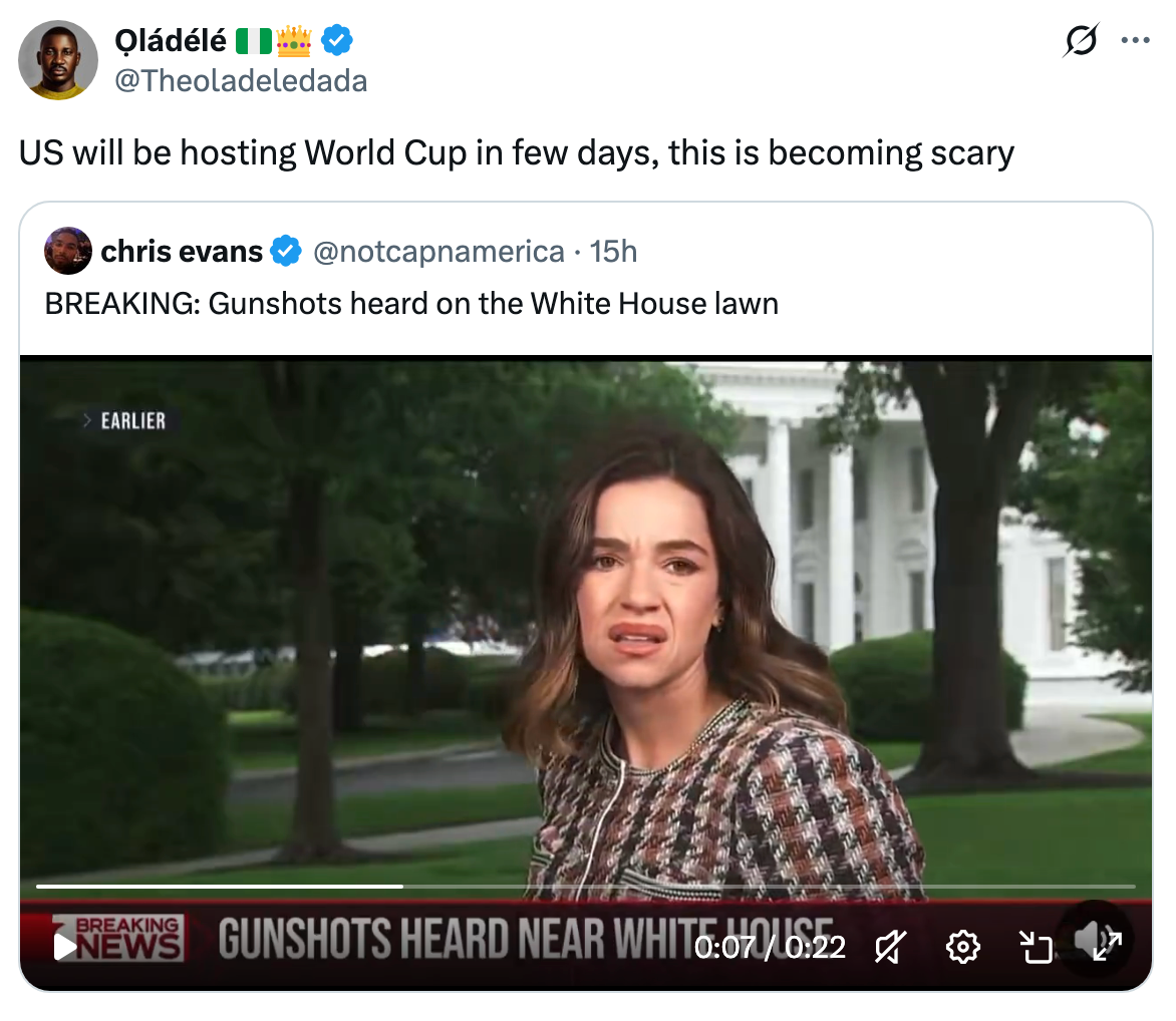 Tweet with a video showing a reporter outside the White House, mentioning gunshots heard on the lawn