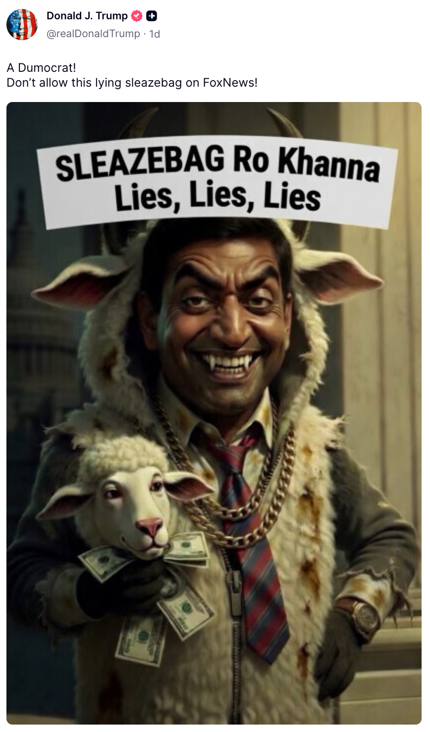 A digitally altered image depicting a smiling man in a suit holding a sheep with money, labeled as "Sleazebag Ro Khanna." Text accuses him of lying