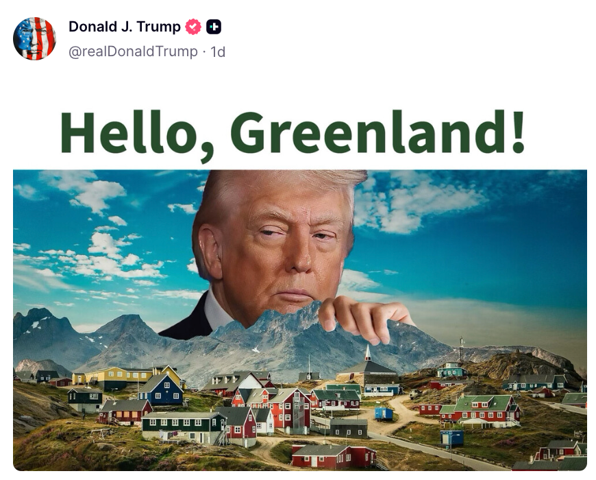 Image of Donald Trump superimposed over Greenland with the text "Hello, Greenland!" suggesting a humorous or satirical internet find
