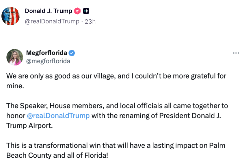 Donald J. Trump and others tweet about renaming an airport in his honor, highlighting support from local officials and expected regional impact