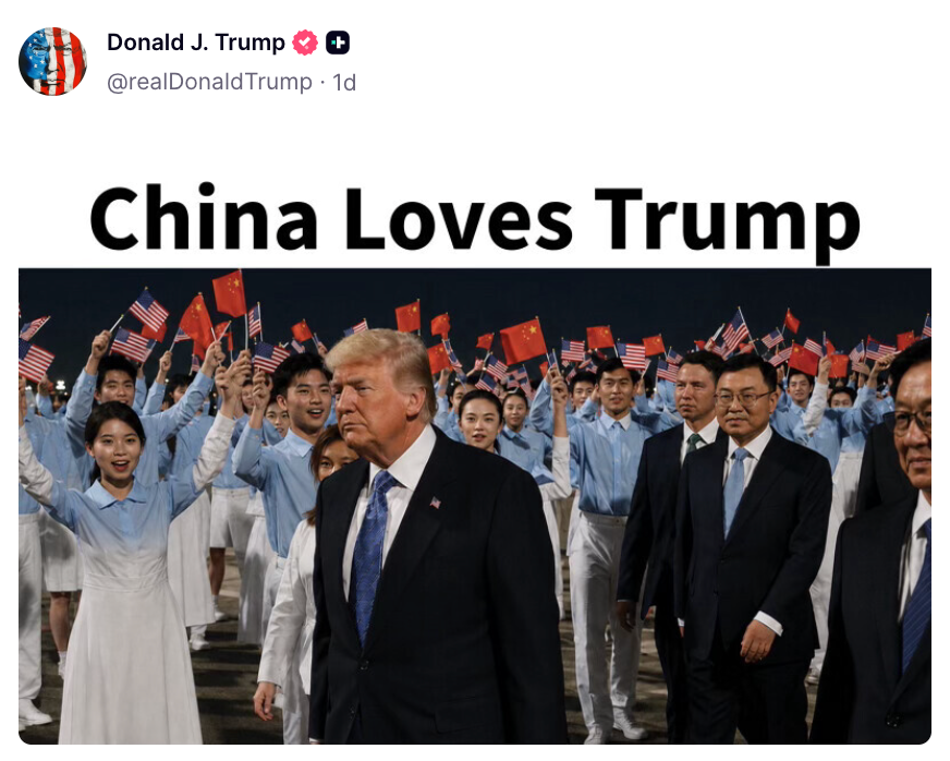 A digitally altered image of Donald Trump in front of a crowd holding Chinese and U.S. flags. Text reads "China Loves Trump."