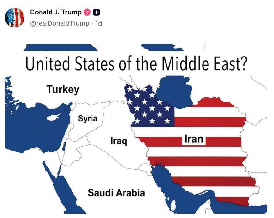 Map with Iran in U.S. flag colors, labeled "United States of the Middle East?" Countries include Turkey, Syria, Iraq, and Saudi Arabia
