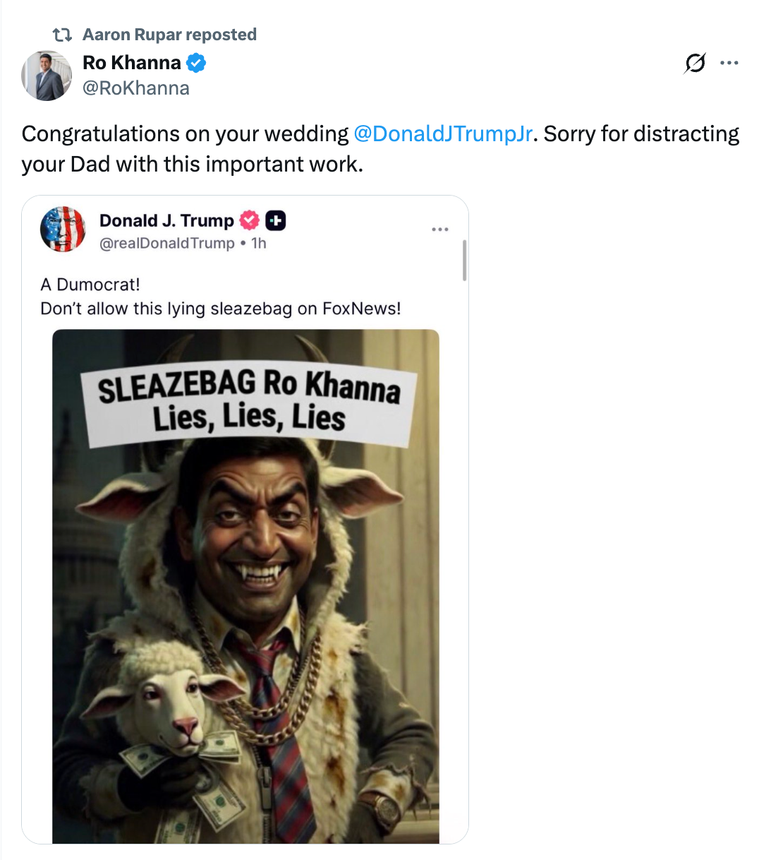 Image of a tweet by "Ro Khanna" addressing "DonaldJTrumpJr," referencing an image posted by "Donald J. Trump" depicting a man in sheep's clothing