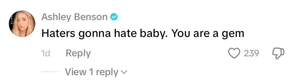 Social media remark  by Ashley Benson saying, "Haters gonna hatred  baby. You are a gem," with 239 likes