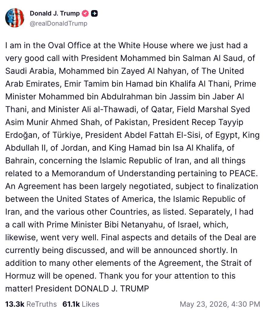 Donald J. Trump statement about a discussion with Middle Eastern leaders regarding regional agreements and peace