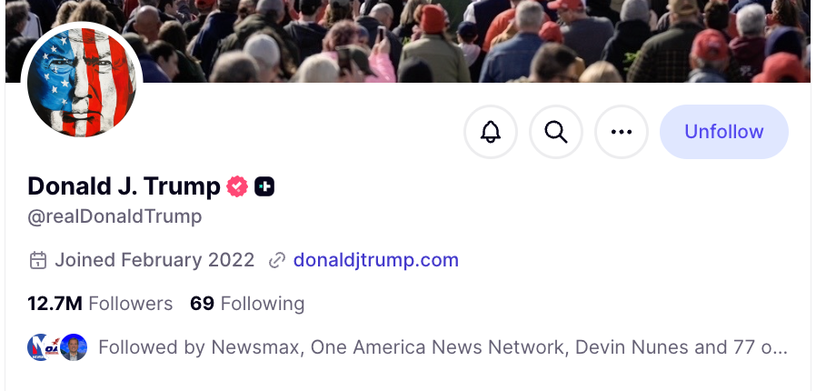Screenshot of a social media profile for Donald J. Trump with 12.7M followers and 69 following. Joined February 2022