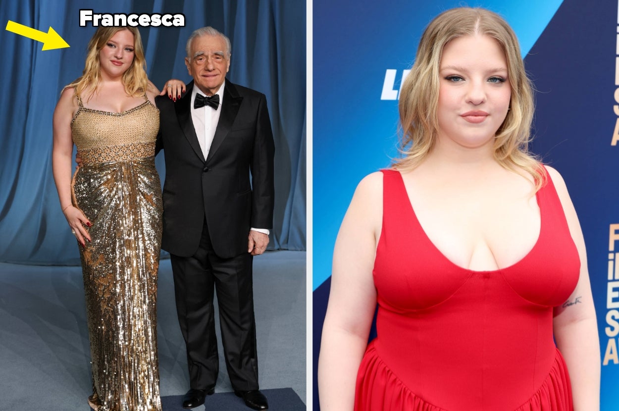 Francesca Scorsese in a shimmering gown alongside Martin Scorsese in a suit vs Francesca Scorsese in a dress