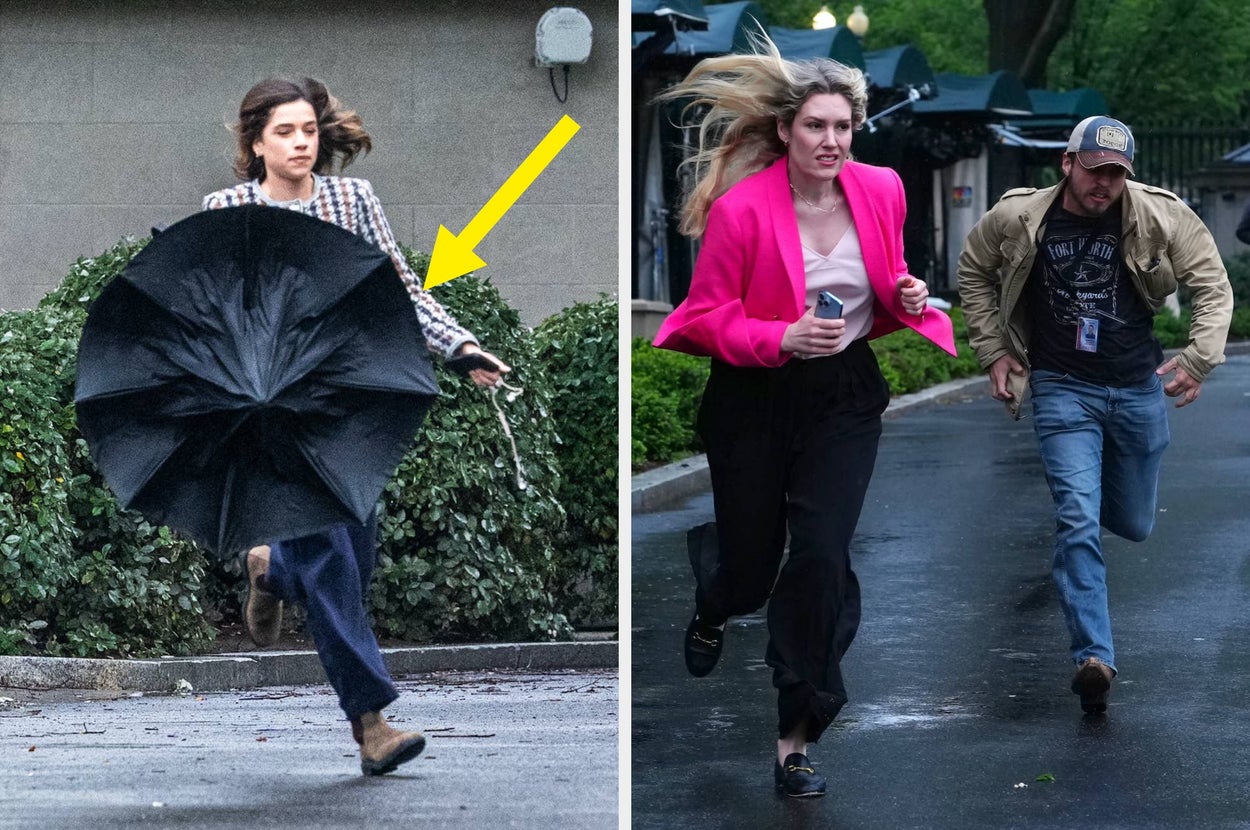 Two people running from a broken umbrella in heavy wind. Another image shows two people, one in a pink jacket, hastily running