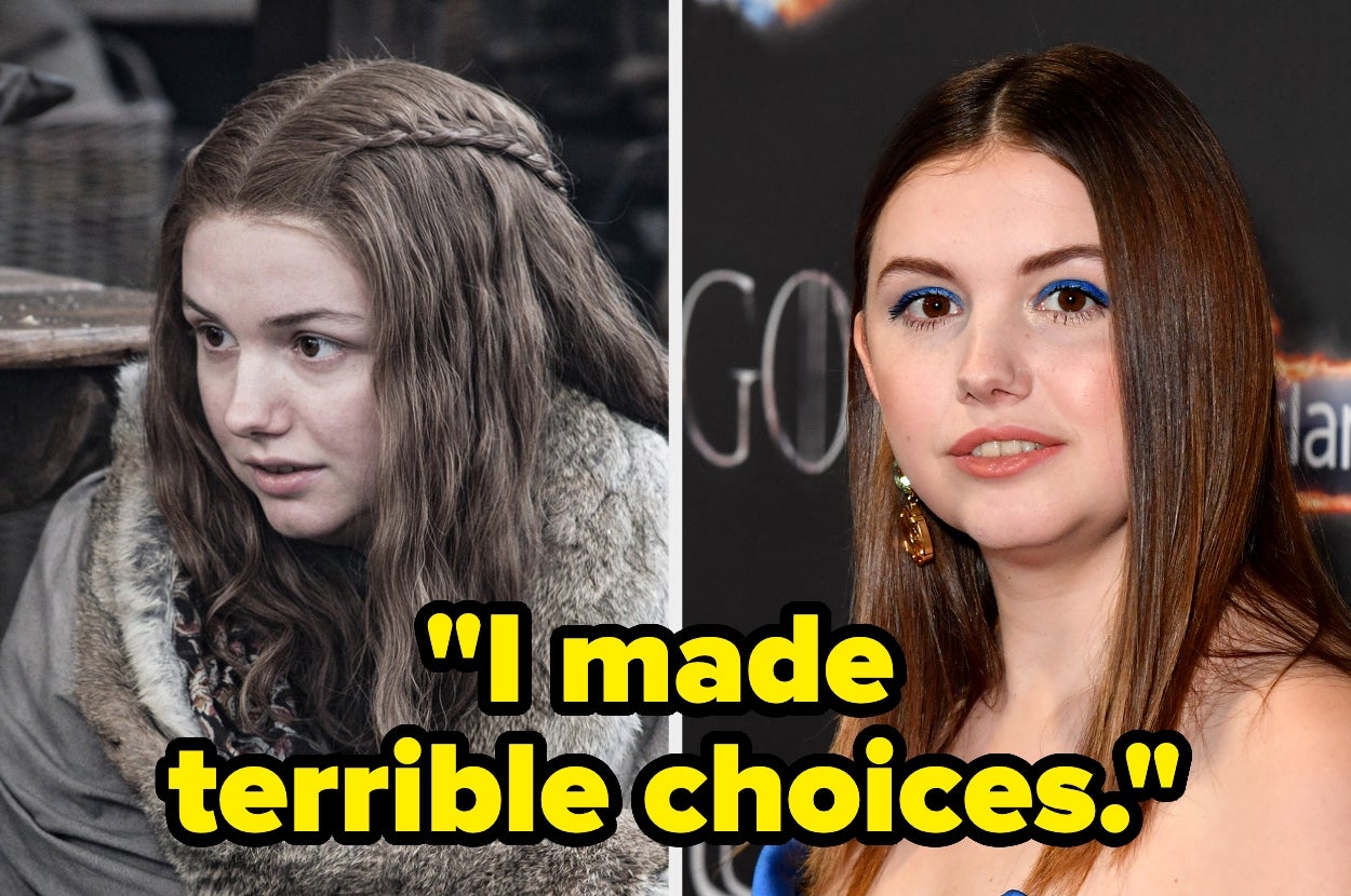 Two side-by-side photos of a woman: one in costume, one on a red carpet with a quote overlay saying, "I made terrible choices."