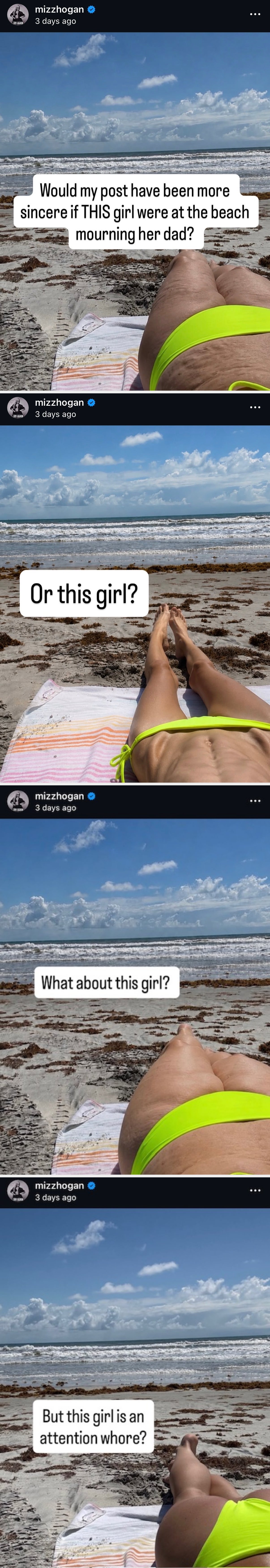 Brooke Hogan in a swimsuit on a beach with a caption questioning sincerity in mourning at the beach