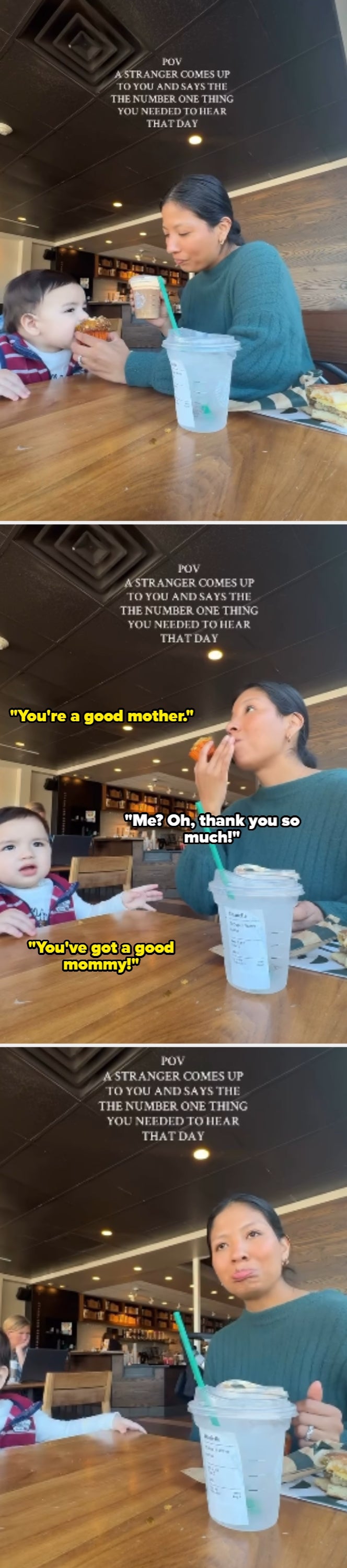 Woman and child sit at a café table; child holds a muffin. Text discusses receiving unexpected, comforting words from a stranger