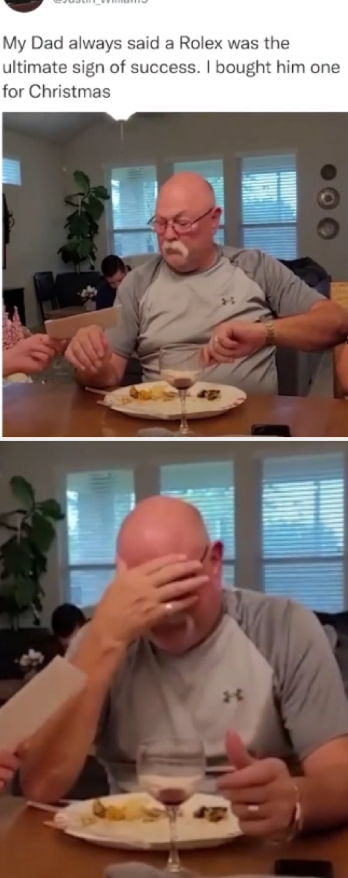 Man looks skeptical at a Rolex watch by his dinner plate. Caption reads: "My Dad always said a Rolex was the ultimate sign of success. I bought him one for Christmas."