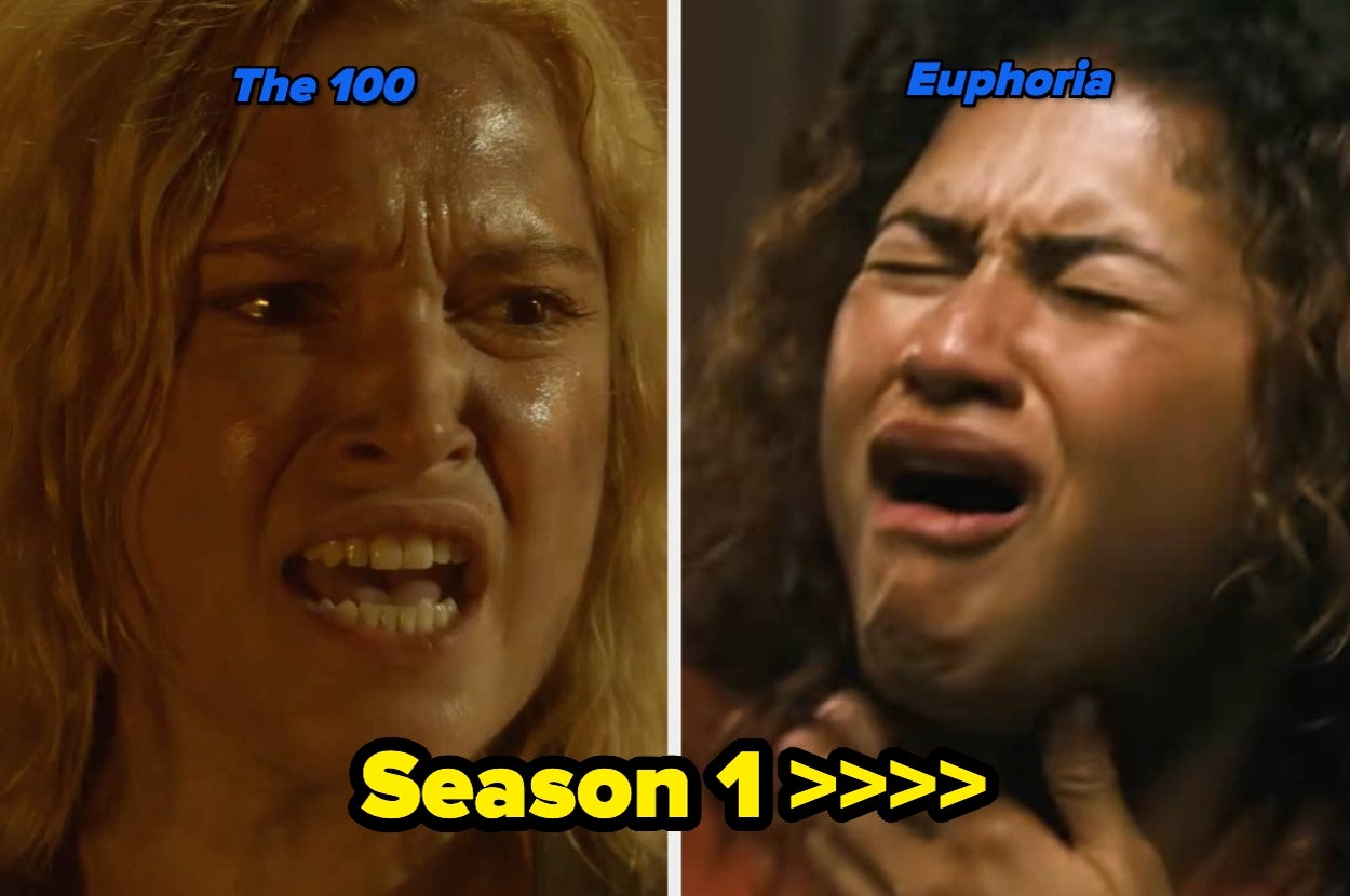 Split image: left shows a distressed person from "The 100," right shows an emotional moment from "Euphoria." Text: "Season 1 >>>"