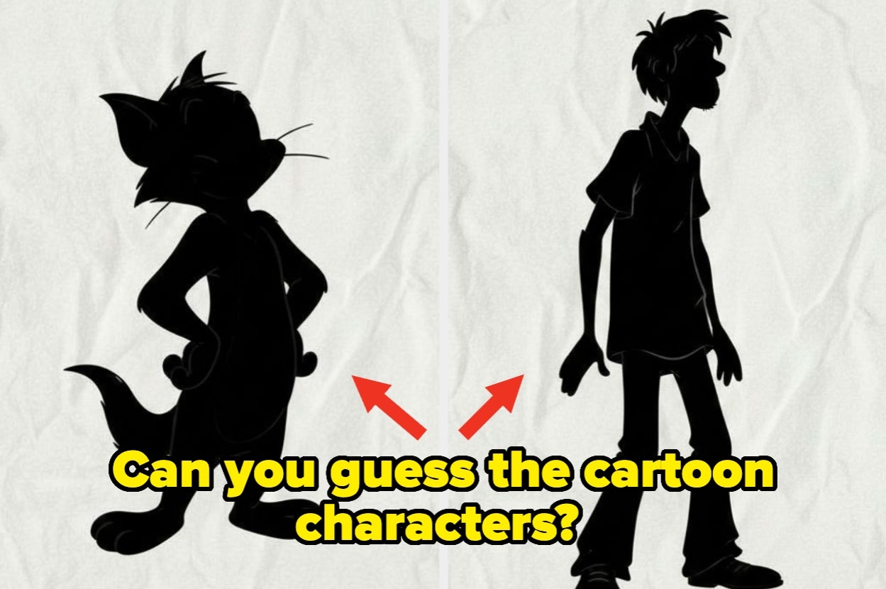 Two cartoon character silhouettes with the text, "Can you guess the cartoon characters?" and arrows pointing at them