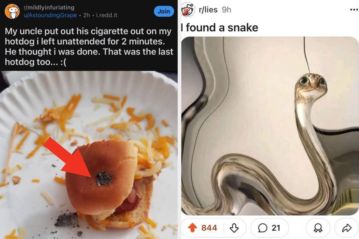 Left: Hotdog bun with cigarette ash. Right: Warped image of a snake from social media post