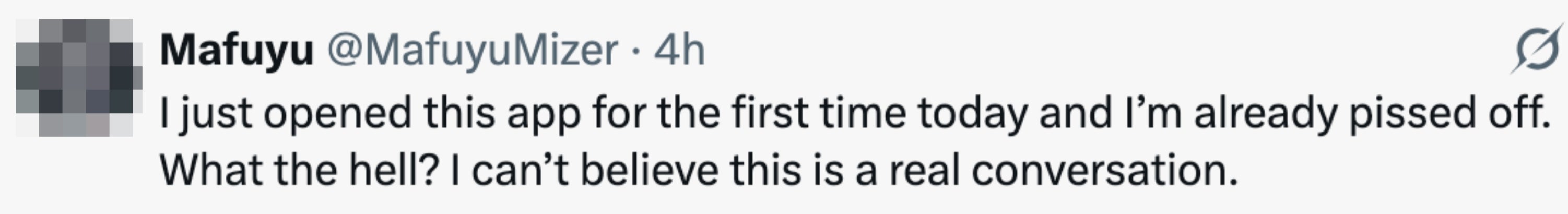 A tweet by MafuyuMizer expressing frustration about an app conversation