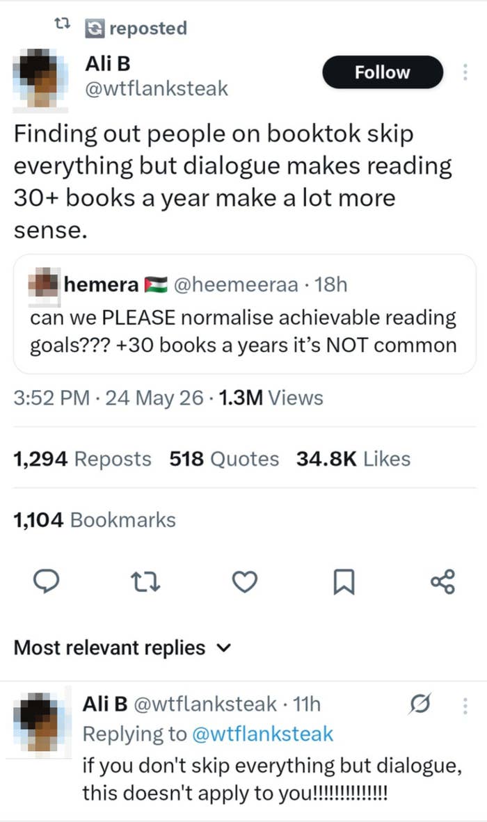 Tweet discussing setting realistic reading goals of 30+ books a year and suggesting that skipping everything but dialogue isn't applicable
