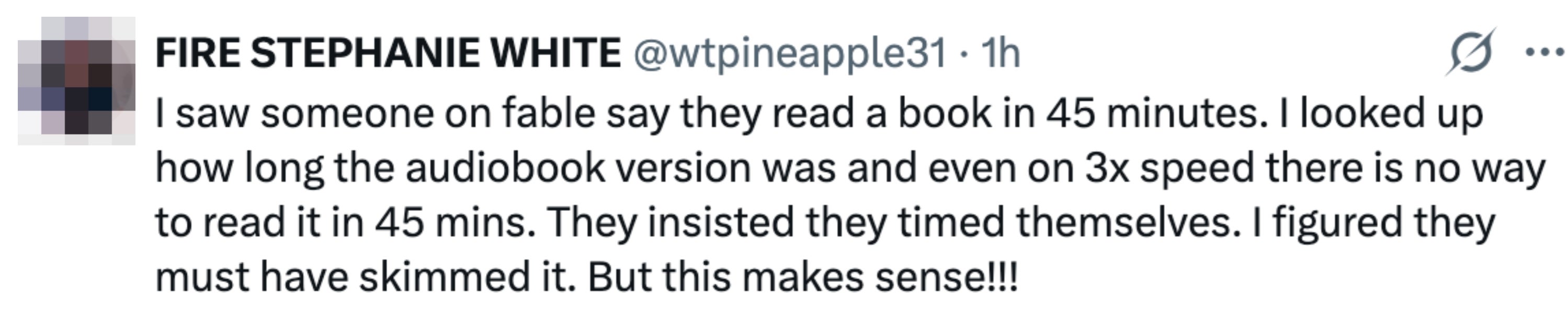 Tweet discussing skepticism about someone claiming to read a book in 45 minutes, even using an audiobook at triple speed