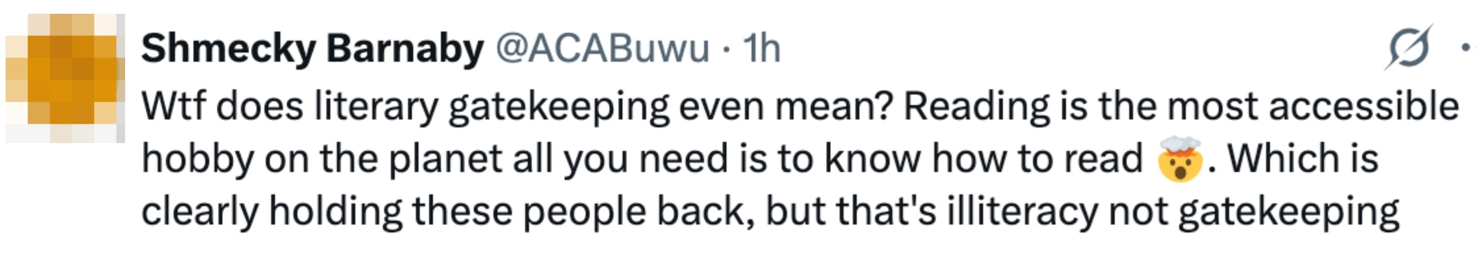 Tweet questioning literary gatekeeping, arguing reading's accessibility and suggesting illiteracy, not gatekeeping, is the barrier