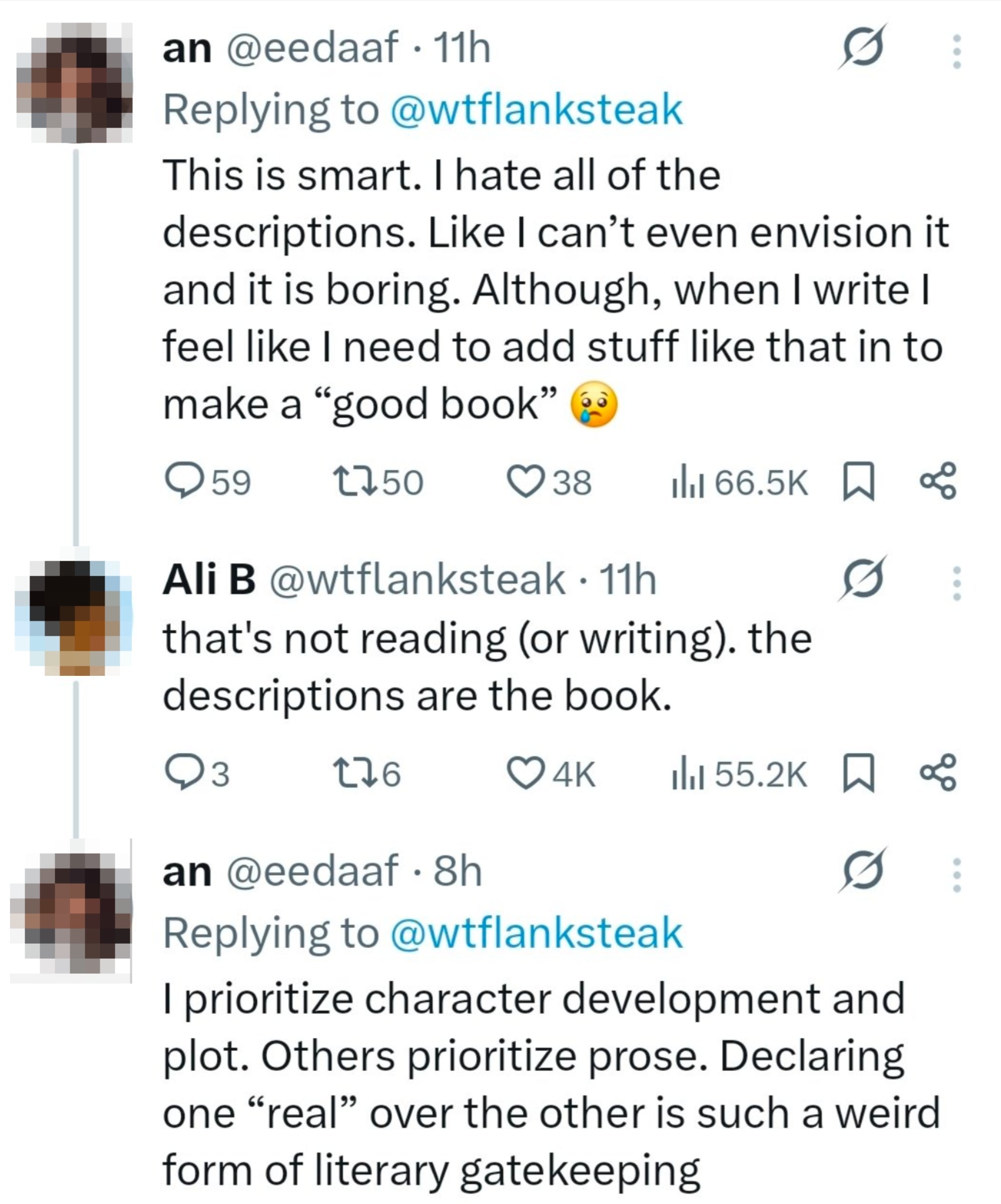 Twitter conversation about writing; one user prefers character development, another values prose. They discuss reading as writing practice