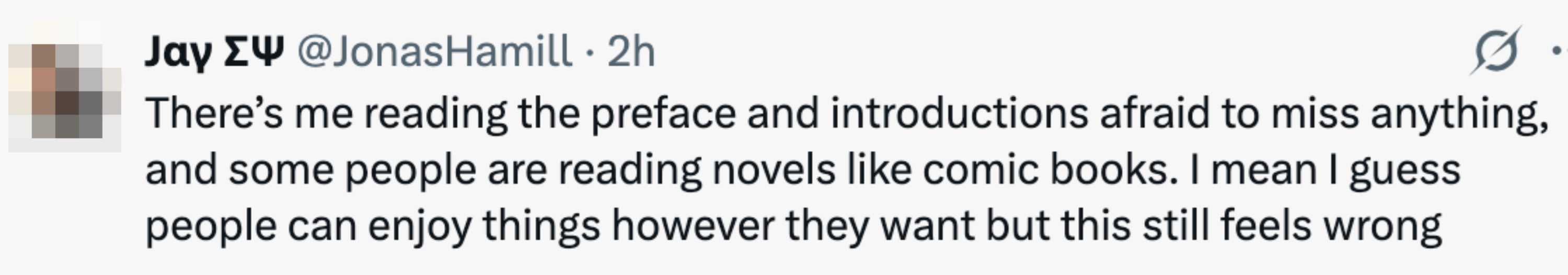 Tweet discussing the difference in reading speeds, with the author feeling uncertain about others reading novels quickly like comic books