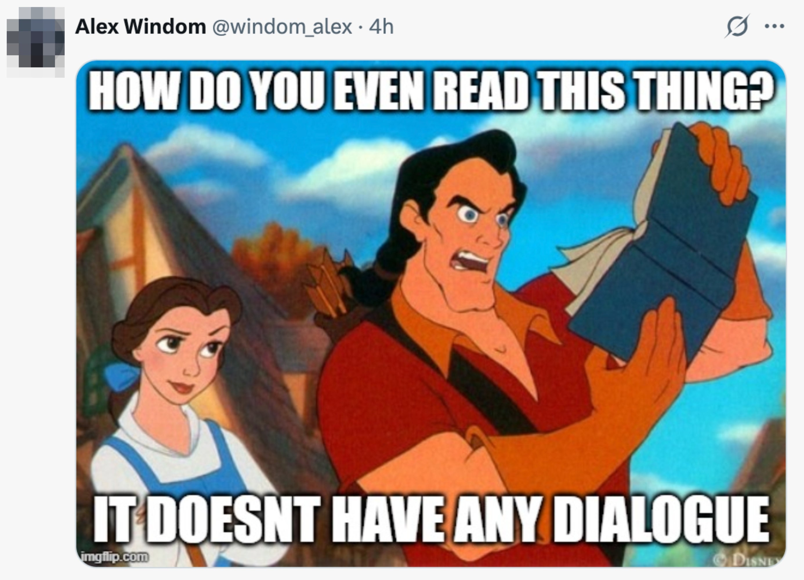 Animated characters: A man confusedly reads a book, while a woman looks on with amusement. Text says, "How do you even read this thing? It doesn't have any dialogue."
