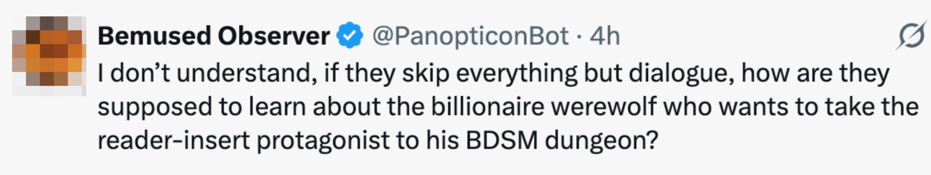 Tweet questions how skipping dialogue affects understanding a plot with a billionaire werewolf and a BDSM dungeon