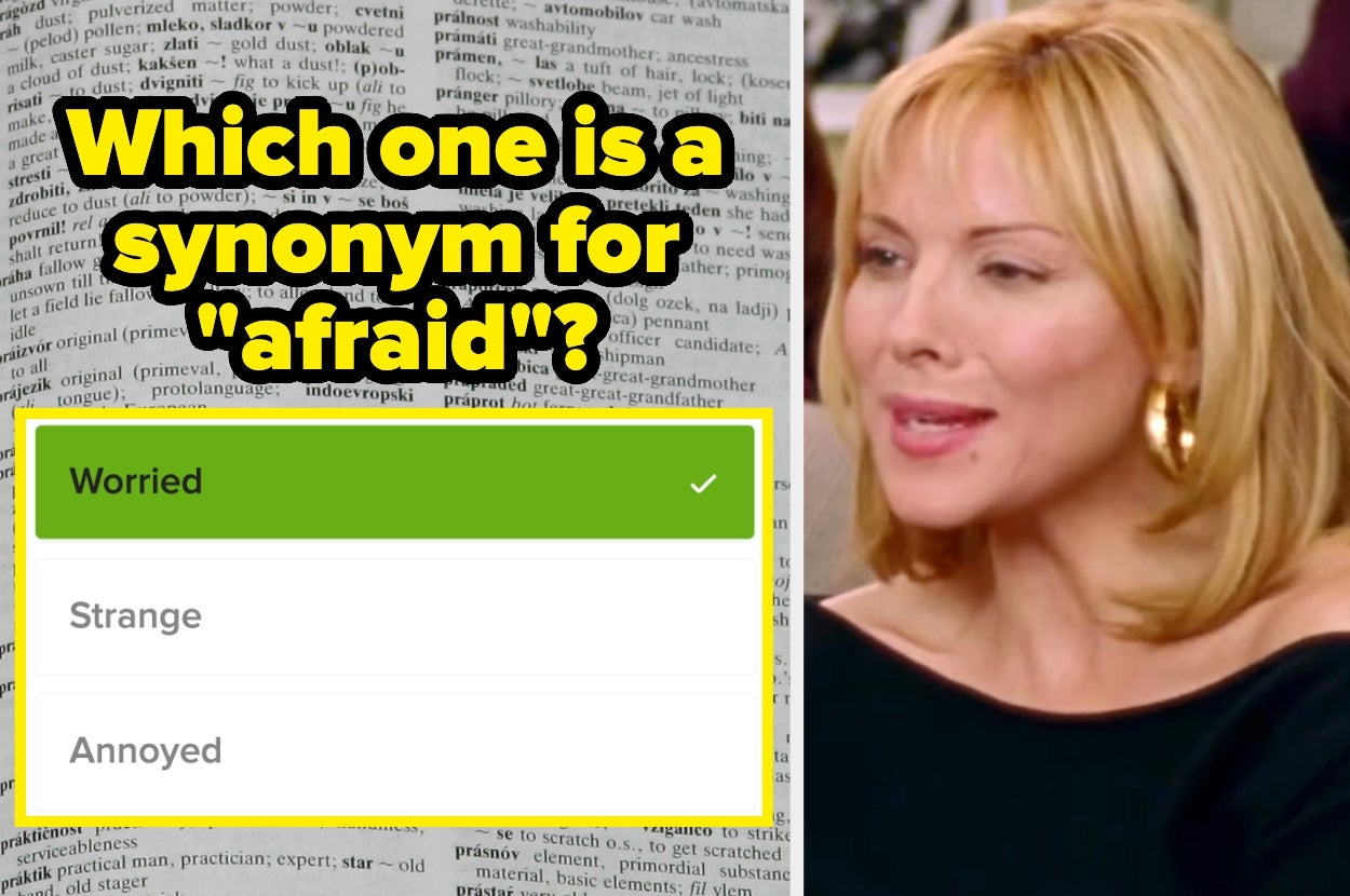 A scene from a show features a quiz asking, "Which one is a synonym for 'afraid'?" with the correct answer selected as "Worried."