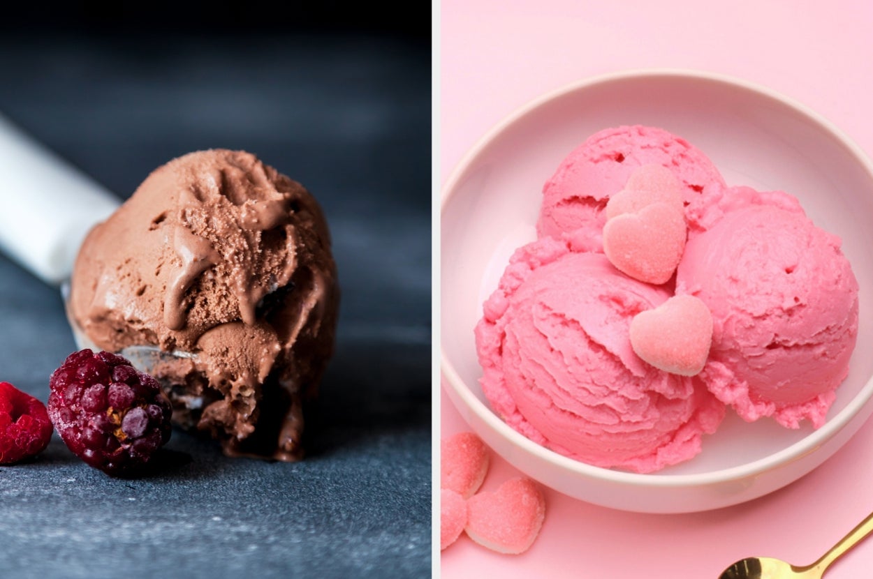 Two ice cream scoops: chocolate with berries on the left, and pink with heart candies on the right