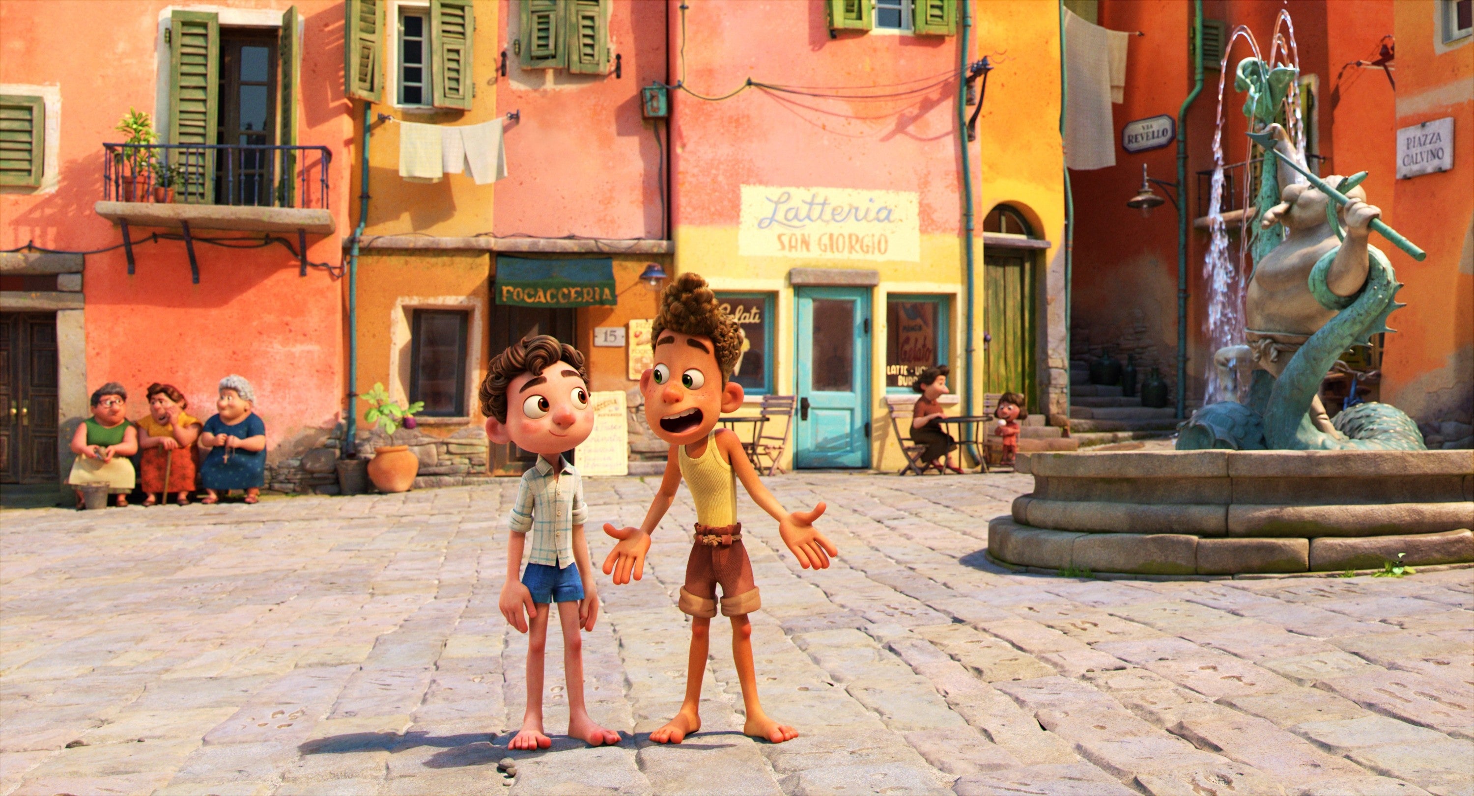 Two animated characters basal successful a sunny, Italian piazza, talking cheerfully with a fountain and colorful buildings successful the background