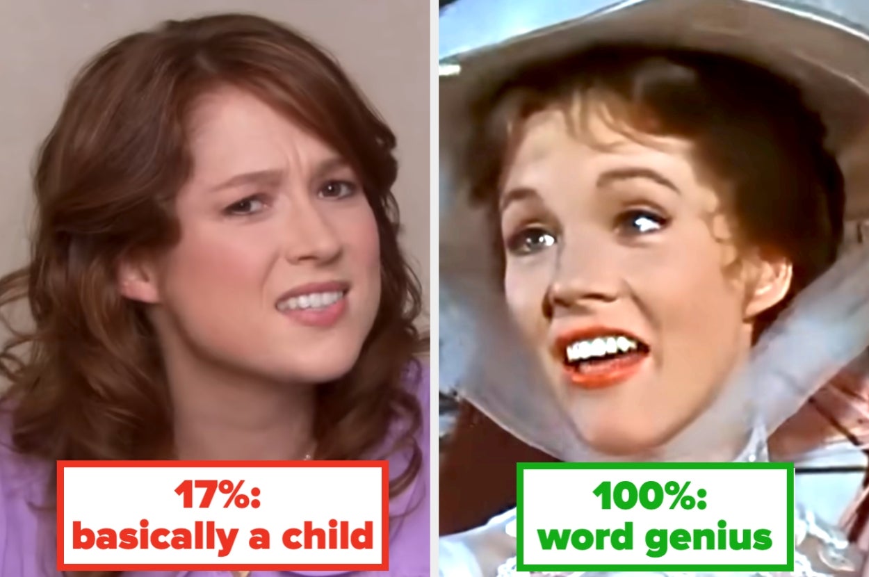 Side-by-side comparison of two women with text: "17%: basically a child" and "100%: word genius."