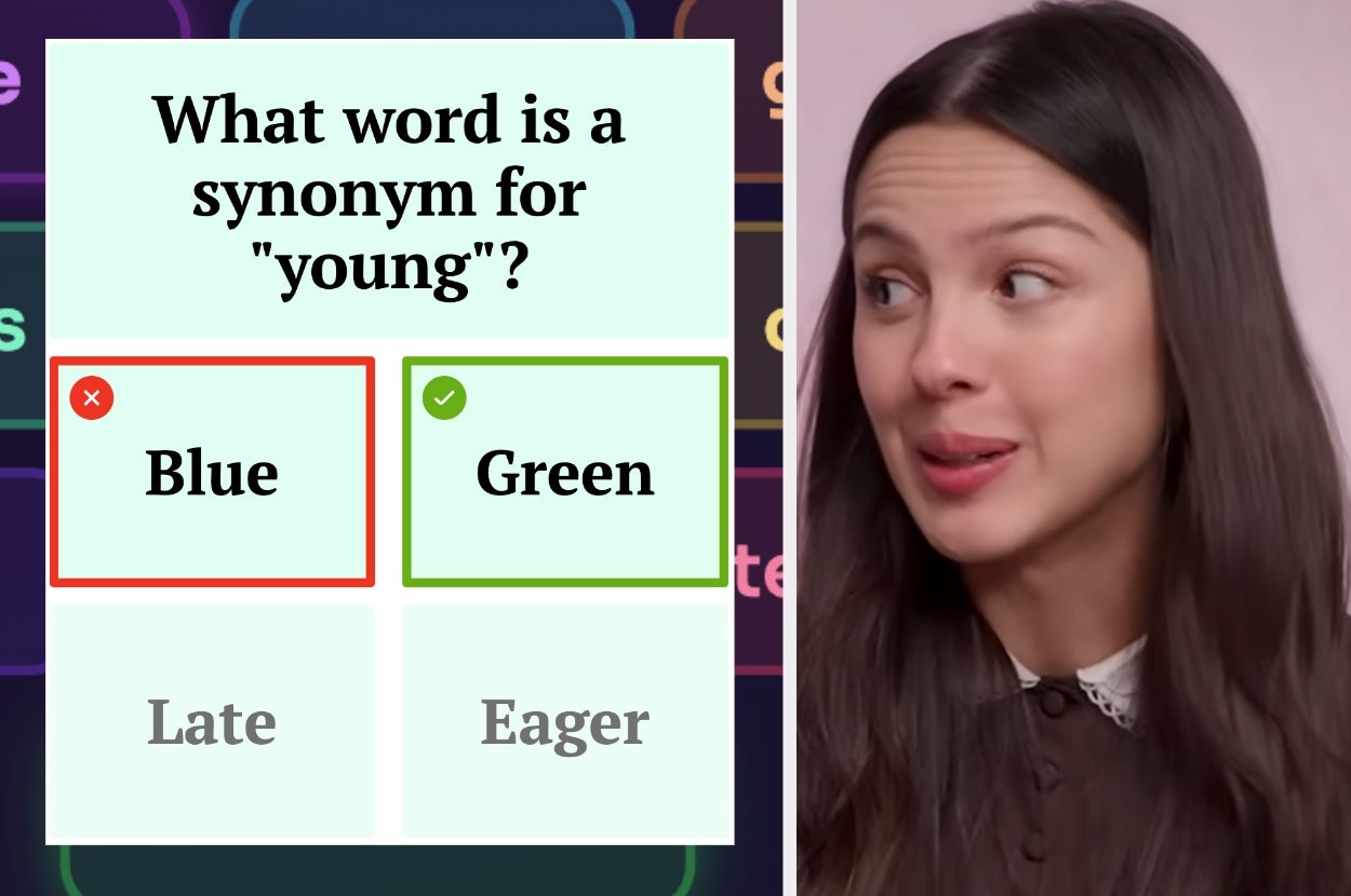 Quiz question asking for a synonym of "young" with options: Blue, Green (correct), Late, Eager. Woman looking surprised