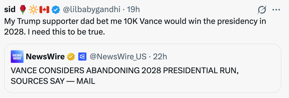 Tweet expressing anticipation  for a 2028 Vance statesmanlike  win, amid quality    of Vance perchance  dropping out