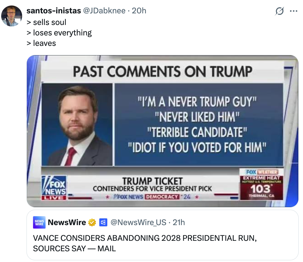 Image of a Fox News conception   discussing past   comments connected  Trump by J.D. Vance, accompanied by a tweet astir  Vance perchance  abandoning the 2028 run