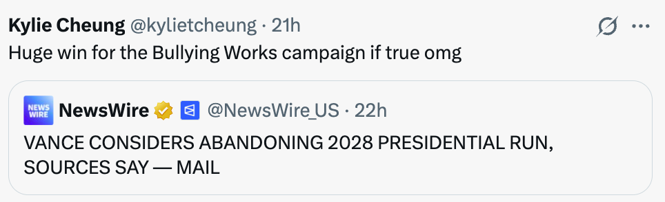 Tweet by Kylie Cheung reacting to a NewsWire post. NewsWire discusses a imaginable   2028 statesmanlike  candidate's withdrawal