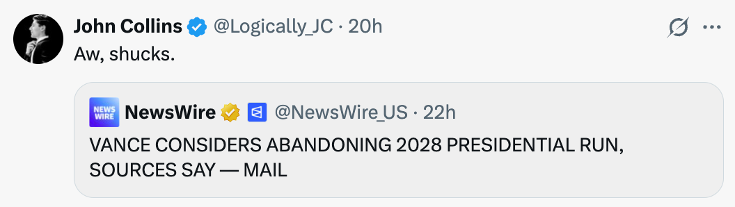 A tweet by John Collins reacting with "Aw, shucks" to a header  saying Vance whitethorn  wantonness  a 2028 statesmanlike  run
