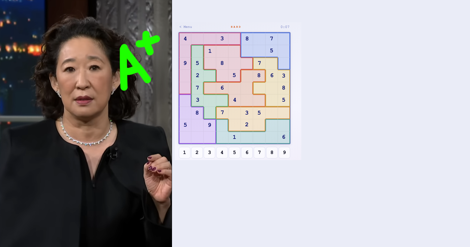 Person in a black suit holding a Sudoku puzzle with mixed numbers and a green "A+" drawn above their head