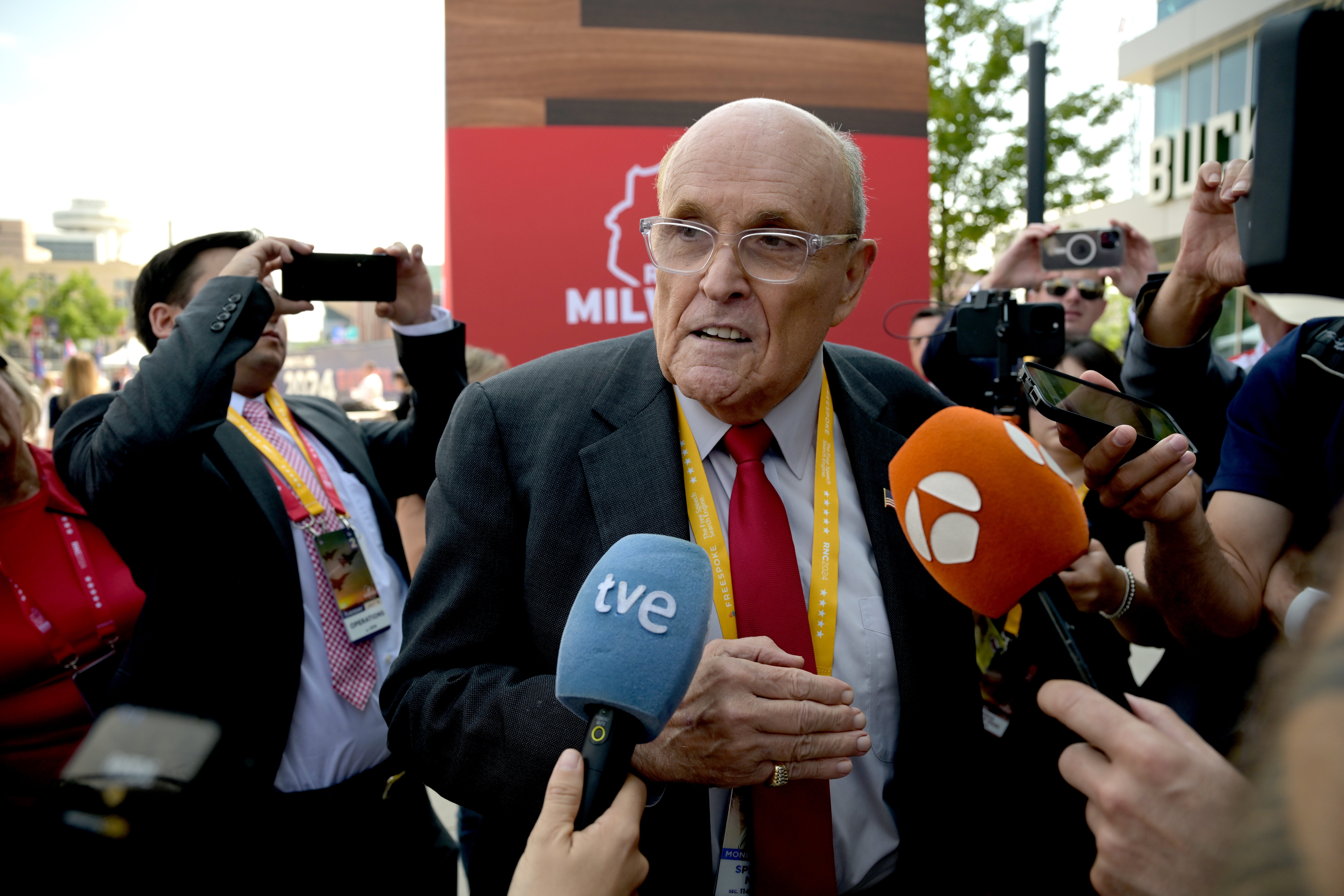 Rudy Giuliani, former lawyer to former US President Donald Trump, outside the Fiserv Forum during the Republican National Convention