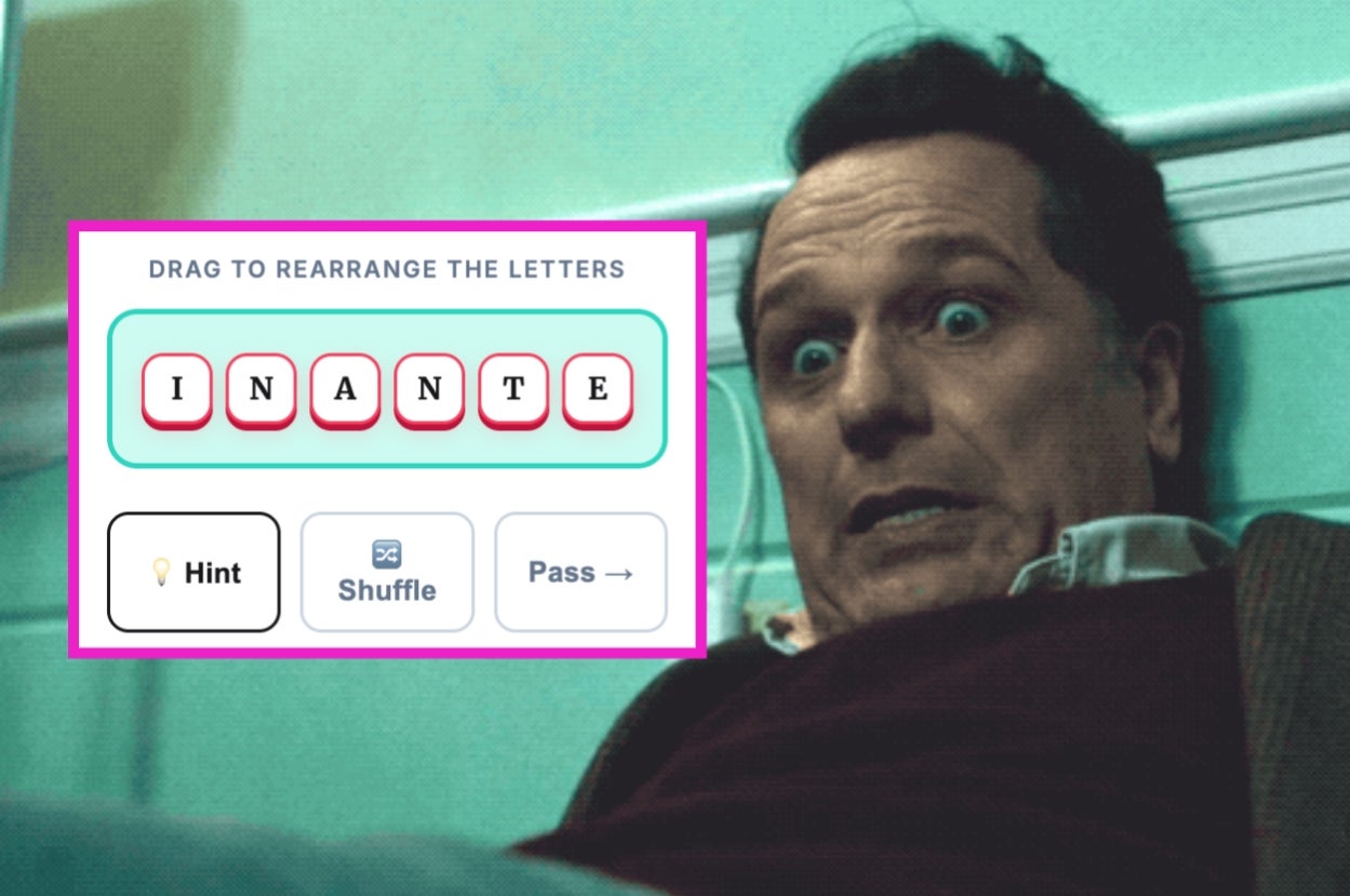 A person looks surprised next to a word puzzle game interface rearranging "INANTE" with options for hint, shuffle, and pass