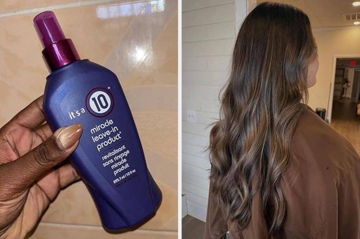 Left: Hand holding a bottle of It's a 10 Miracle Leave-In Product. Right: Long, styled hair in a salon
