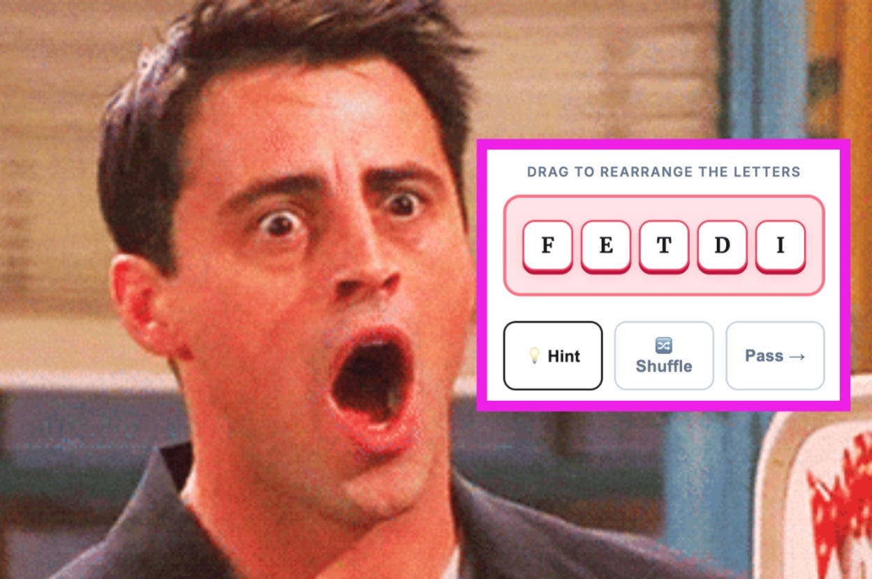 Person looking shocked next to a word puzzle game interface with jumbled letters: FETDI, with options for a hint, shuffle, or pass
