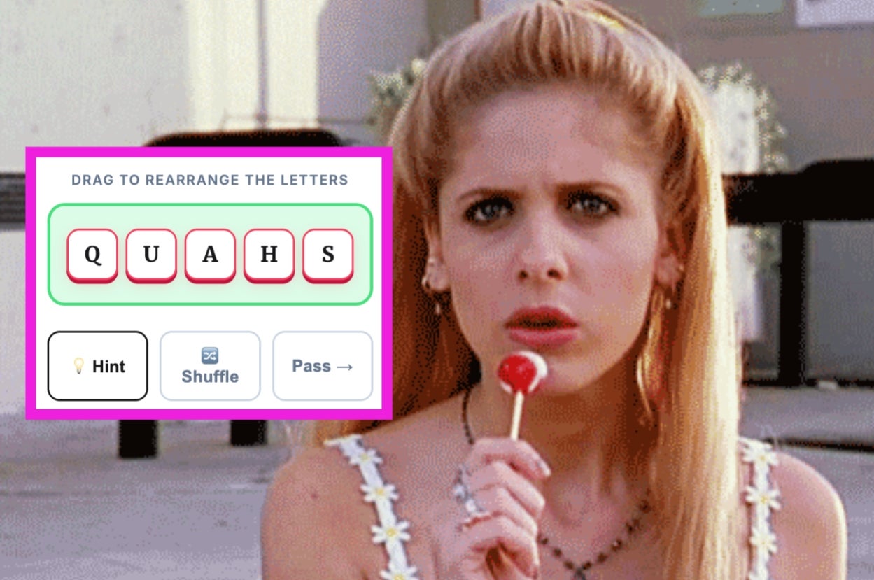 A person holding a lollipop looks puzzled next to a word game prompt showing scrambled letters: QUAHS. Buttons below offer hint, shuffle, and pass options