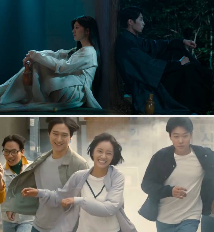  a serene infinitesimal   with 2  radical   sitting back-to-back and an enactment   country   with friends moving  energetically