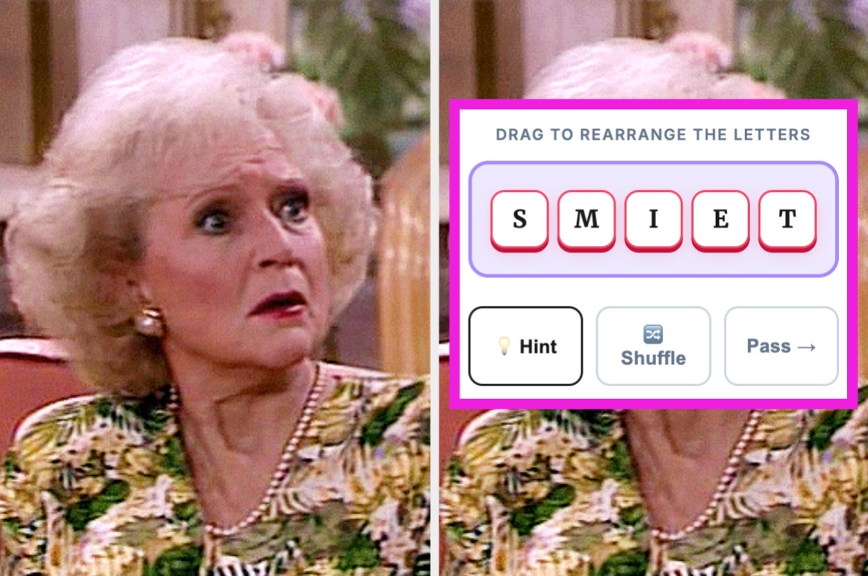 A surprised woman looks at a word puzzle game on screen, challenging the player to rearrange letters to form words