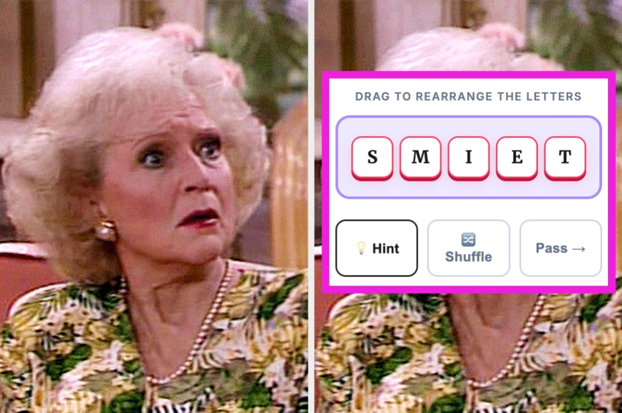 A surprised woman looks at a word puzzle game on screen, challenging the player to rearrange letters to form words
